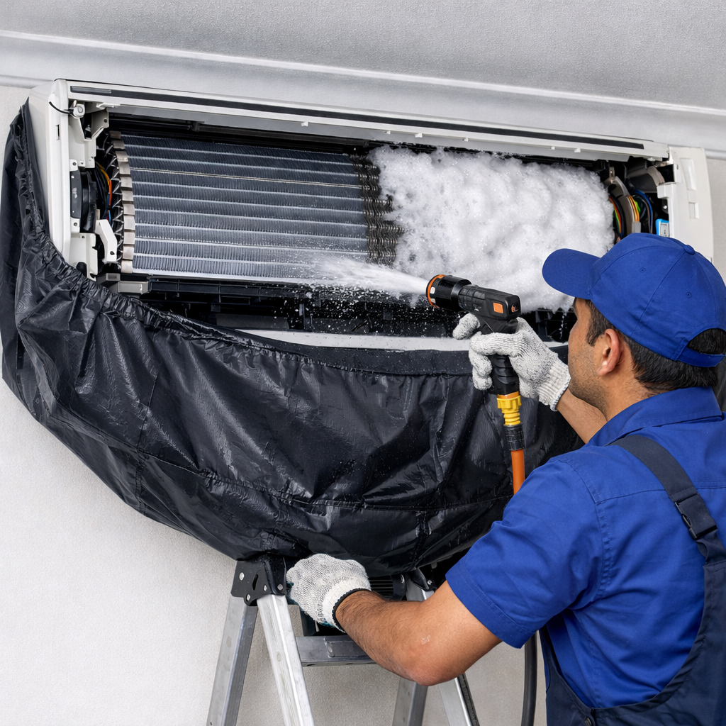 We provide professional AC servicing using high-pressure jet deep cleaning for powerful cooling. Indoor unit, cooling coils, blower, and filters are cleaned to remove dust, dirt, and bacteria. Outdoor unit is washed thoroughly to improve heat exchange and energy efficiency.